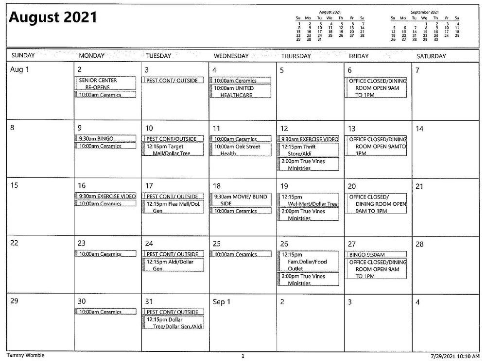 GAZETTE AUGUST 2021 calendar - info below