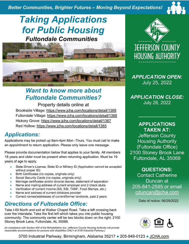 July 25 Fultondale Taking Applications for Public Housing, all information as listed below.