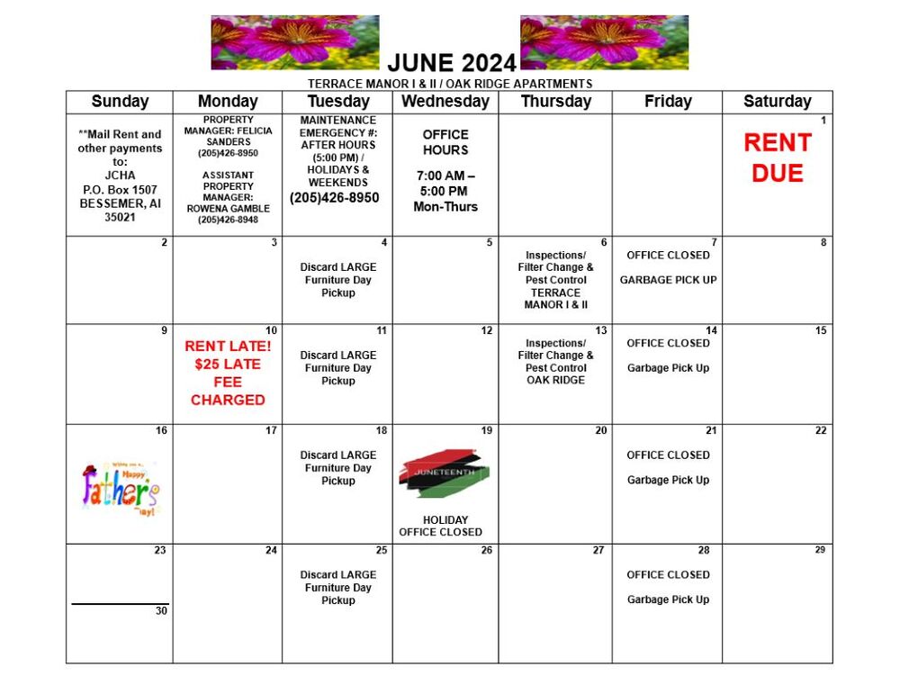 June 2024 Bessemer calendar, all information as listed below.