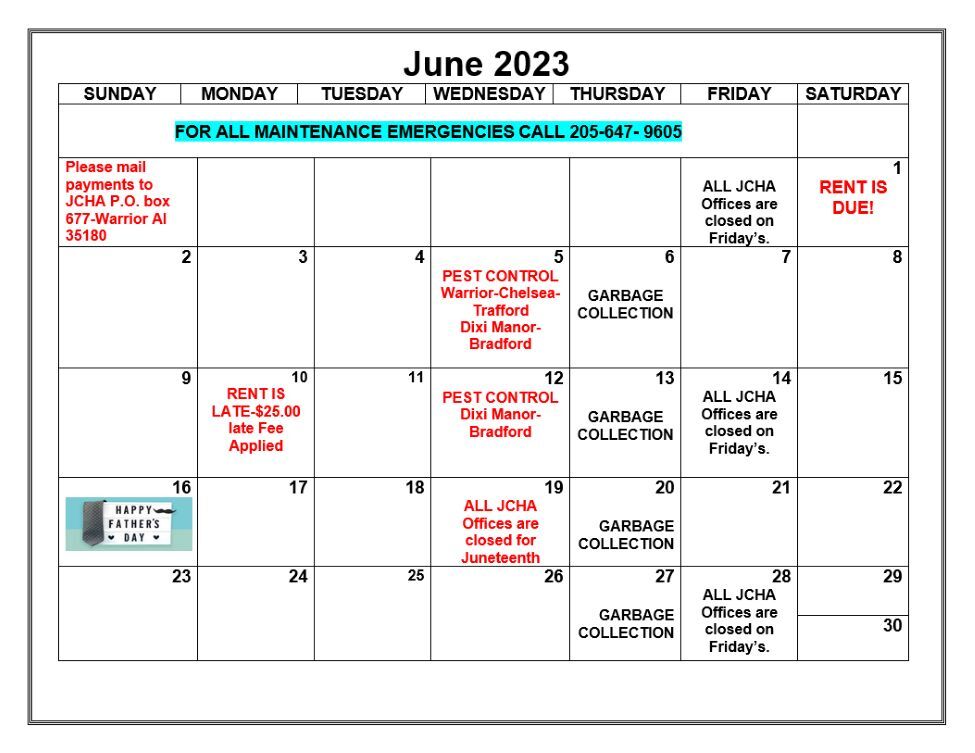 June 2024 Warrior calendar, all information as listed below.