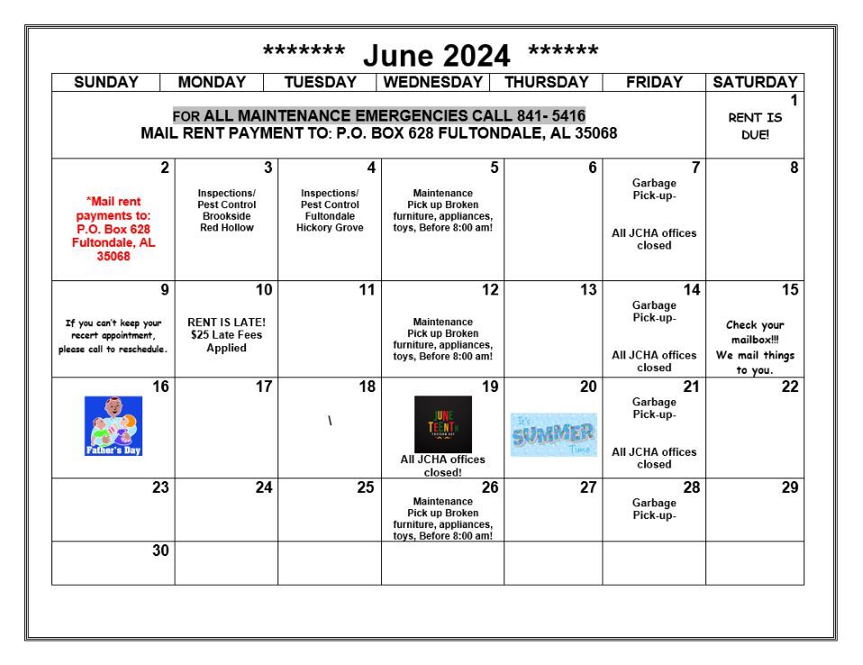 June 2024 Fultondale calendar, all information as listed below.