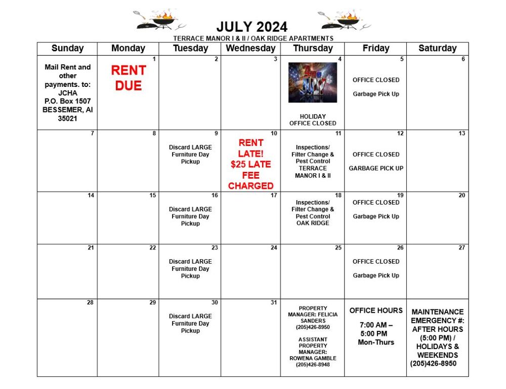 July 2024 Bessemer Calendar, all information as listed below.