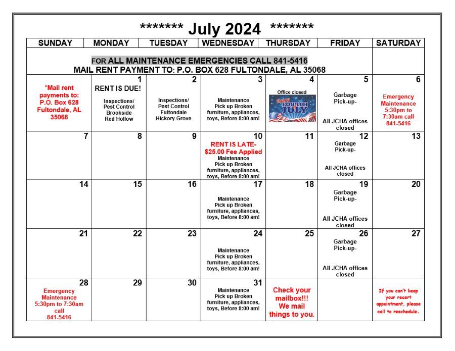 July 2024 Fultondale Calendar, all information as listed below.