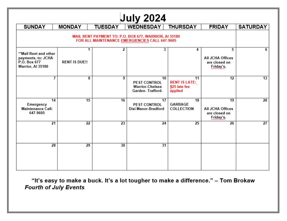 July 2024 Warrior Calendar, all information as listed below.