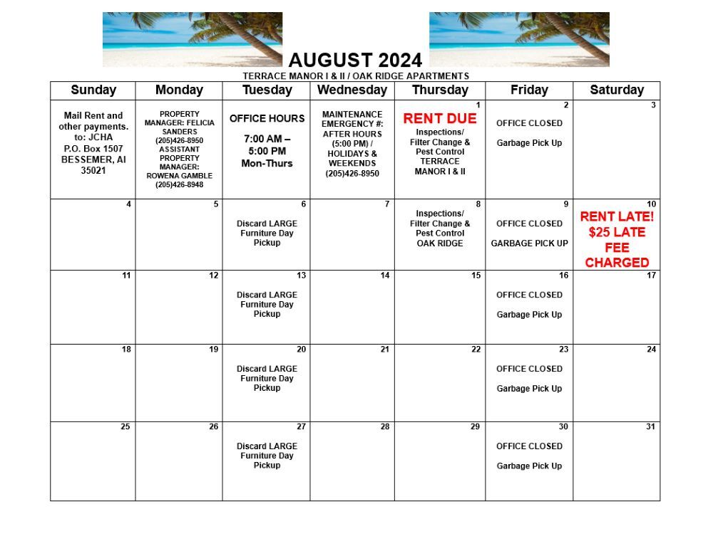 August 2024 Bessemer calendar, all information as listed below.