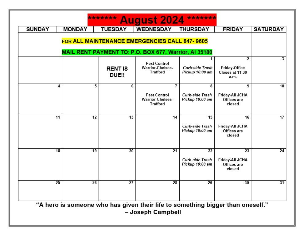 August 2024 Warrior calendar, all information as listed below.