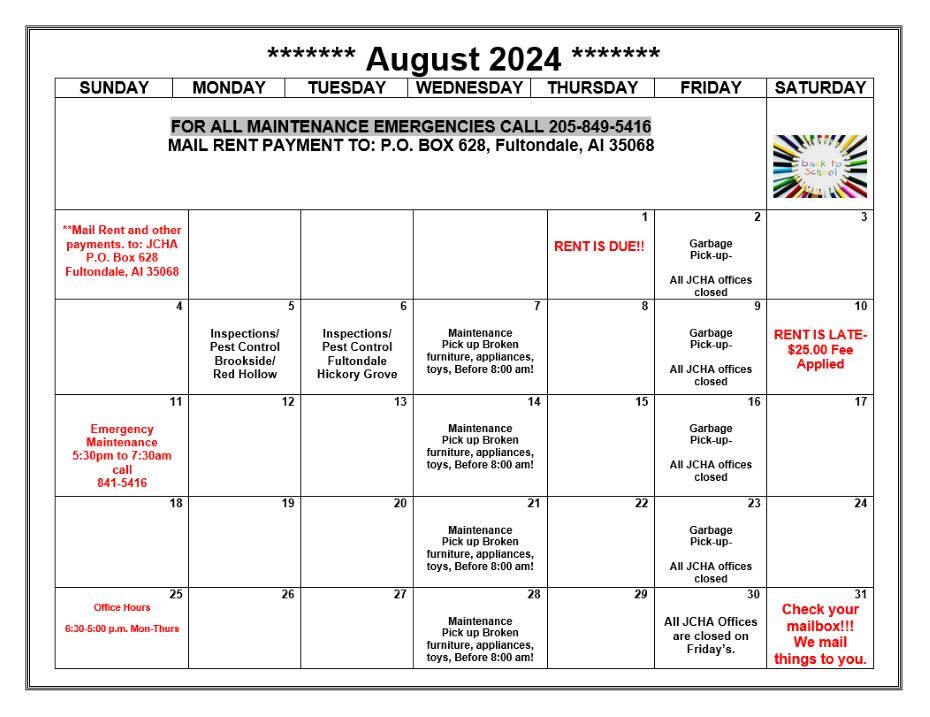 August 2024 Fultondale calendar, all information as listed below.