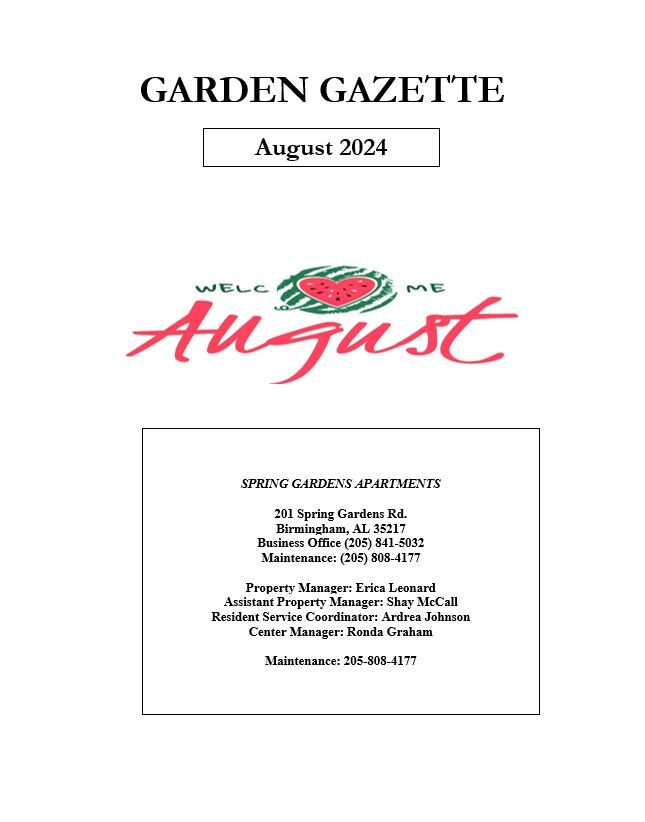 August 2024 Garden Gazette newsletter, all information as listed below.