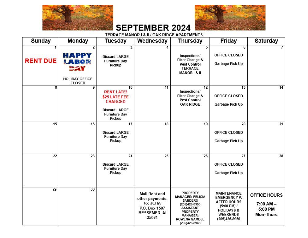 September 2024 Bessemer calendar, all information as listed below.