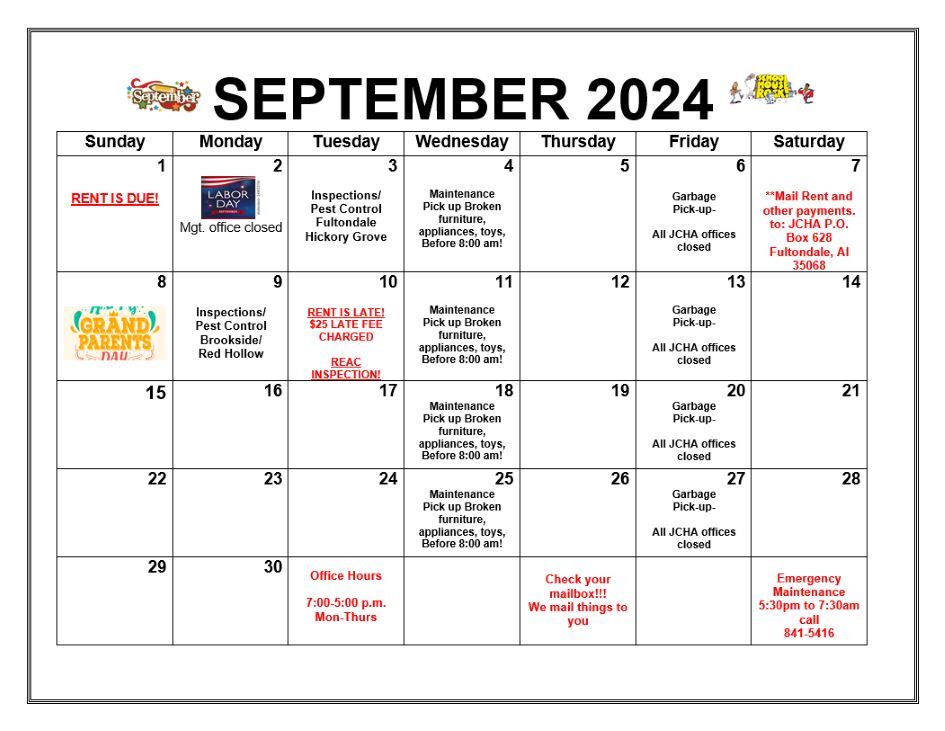 September 2024 Fultondale calendar, all information as listed below.