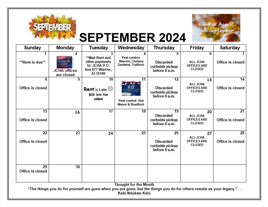 September 2024 Warrior Calendar, all information as listed below.