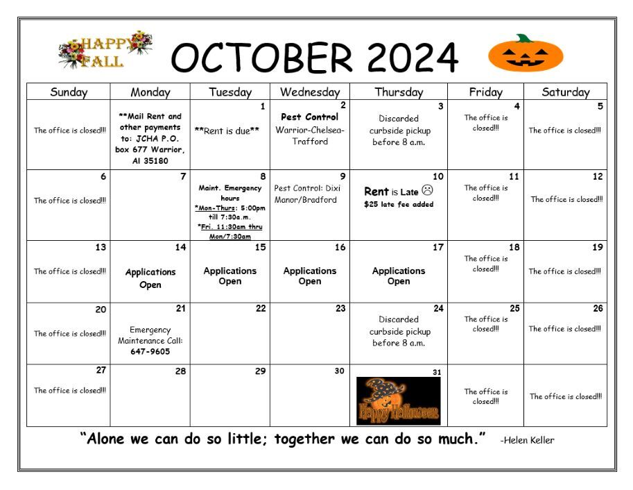 October 2024 Warrior Calendar, all information as listed below.