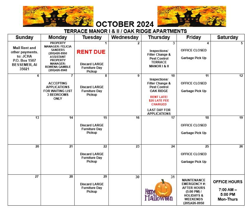 October Bessemer Calendar, all information as listed below.