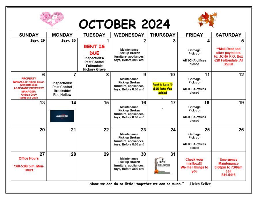 October Fultondale Calendar, all information as listed below.