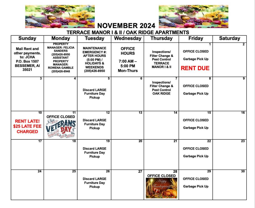 November Bessemer Calendar, all information as listed below.