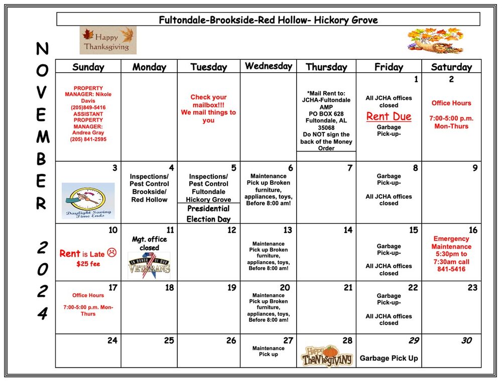 November Fultondale Calendar, all information as listed below.