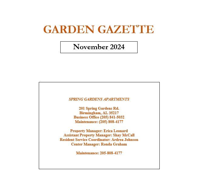 November Garden Gazette Newsletter, all information as listed below.