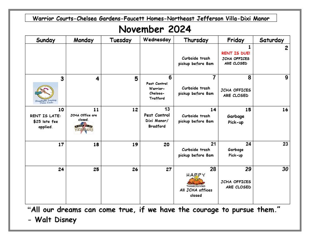 Warrior November Calendar, all information as listed below.