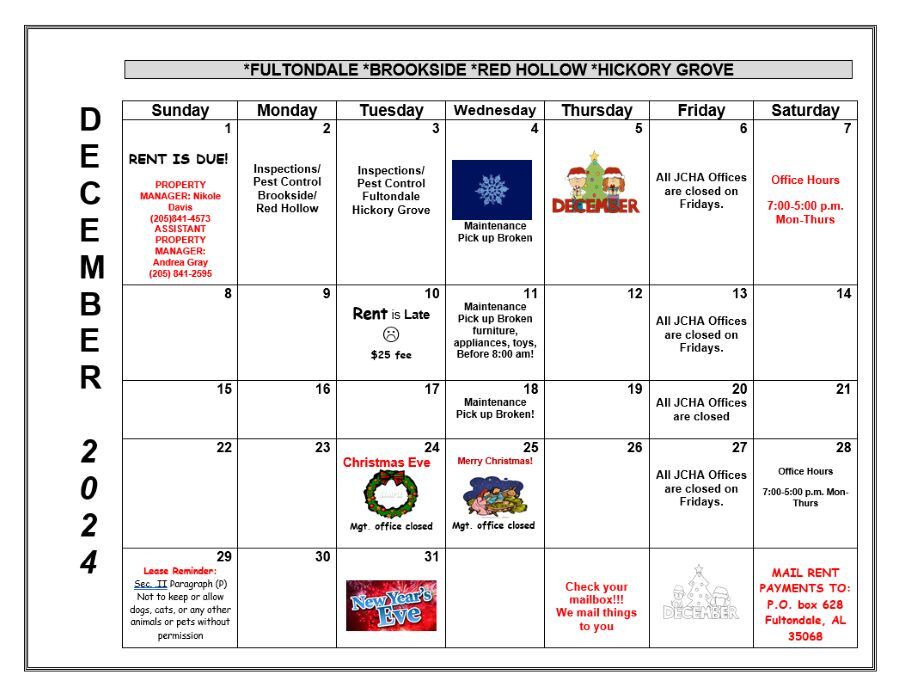 December 2024 Fultondale Calendar, all information as listed below.