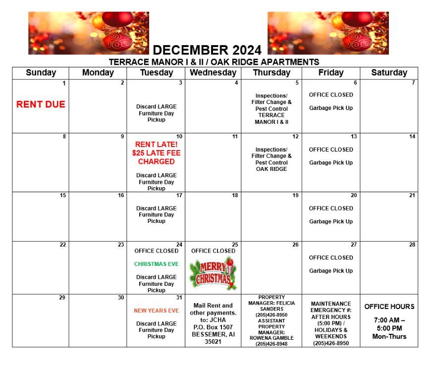 December 2024 Bessemer Calendar, all information as listed below.