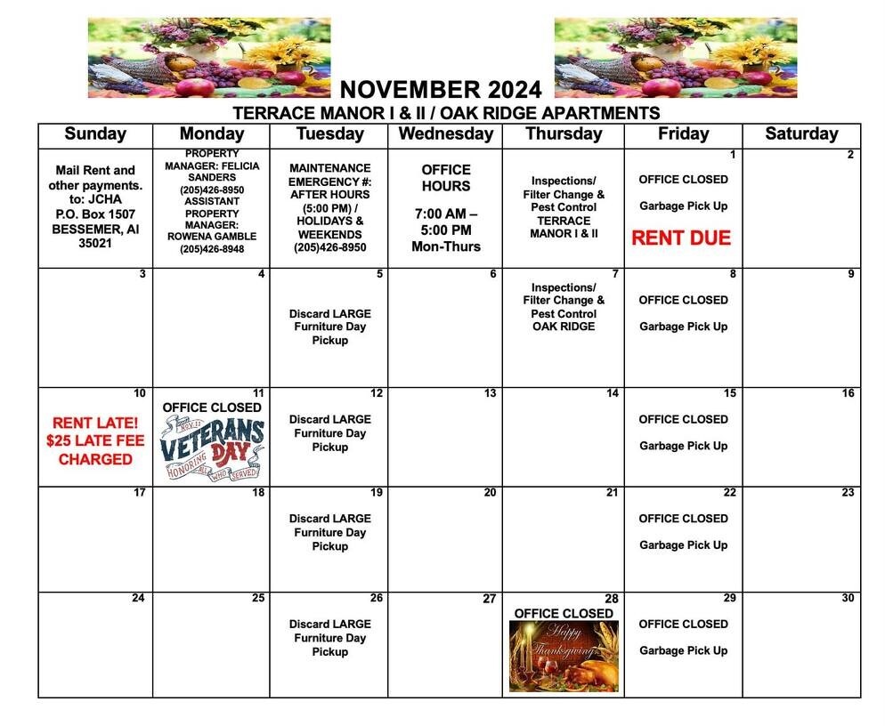 November 2024 Bessemer Calendar, all information as listed below.