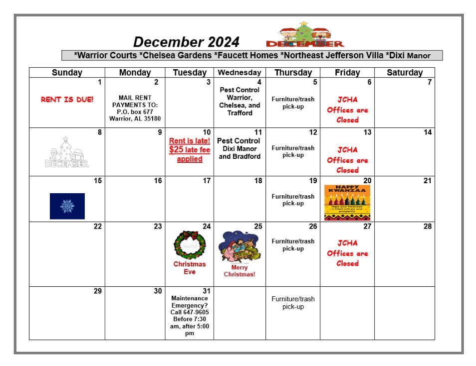 December 2024 Warrior Calendar, all information as listed below.