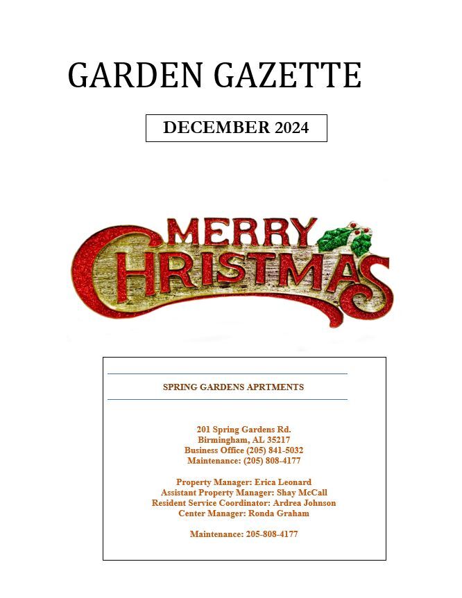 December 2024 Garden Gazette, all information as listed below.