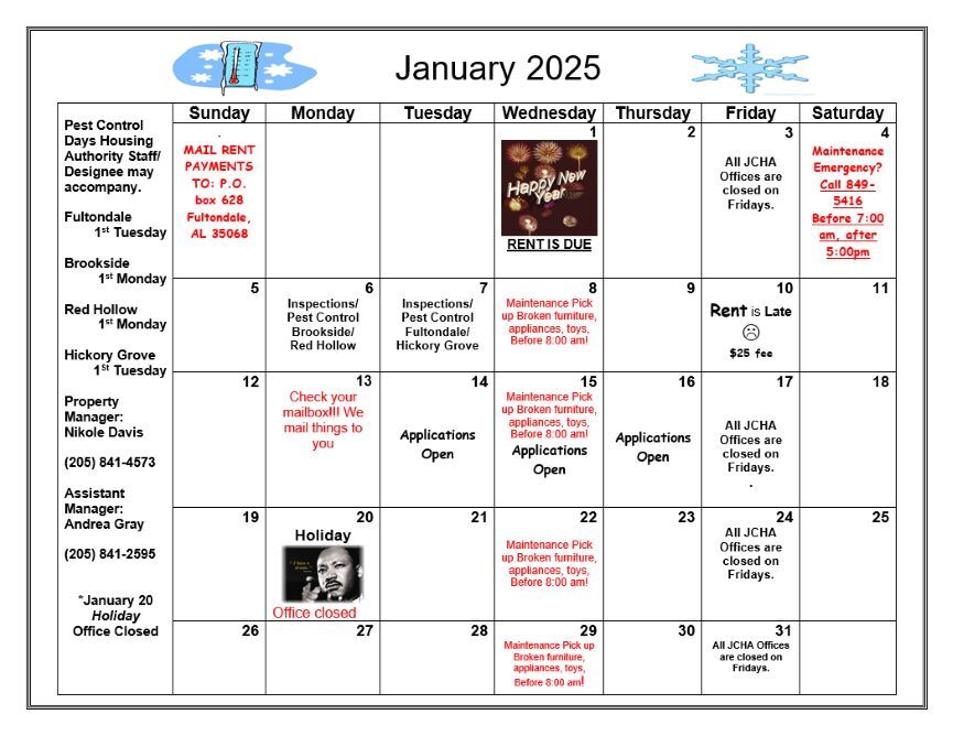 January 2025 Fultondale Calendar, all information as listed below.