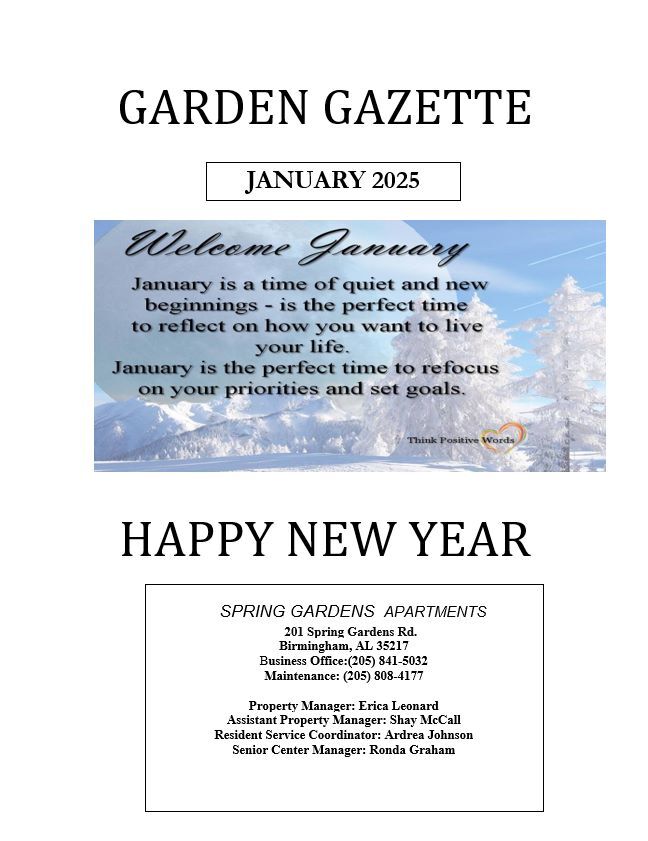 January 2025 Garden Gazette Newsletter, all information as listed below.