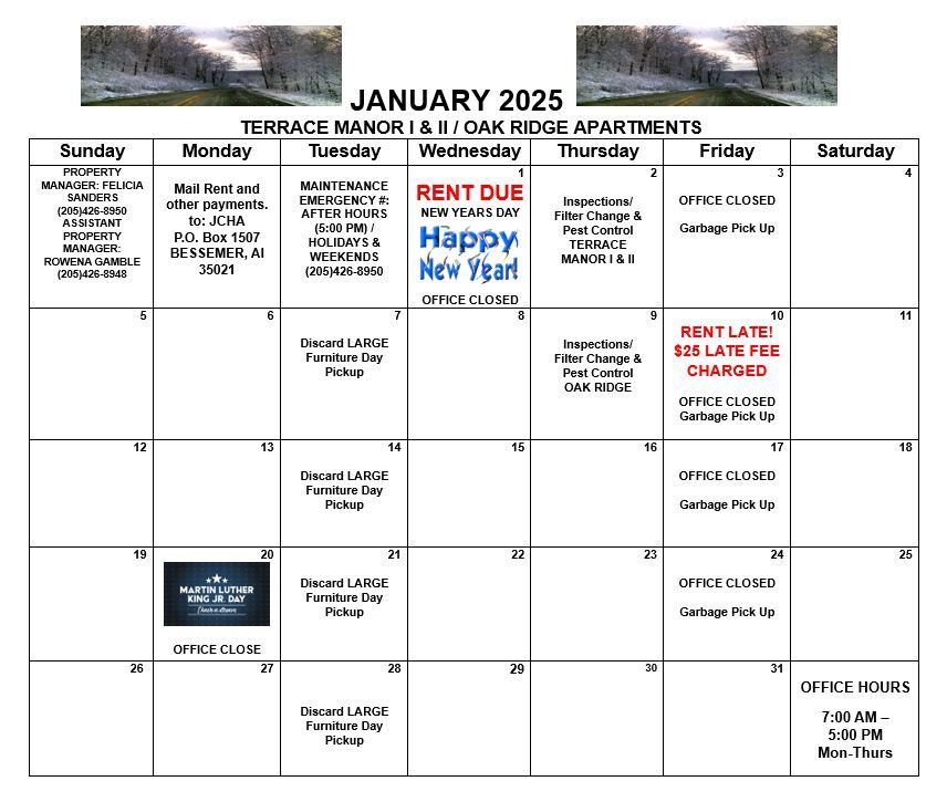 Bessemer 2025 January Calendar, all information as listed.