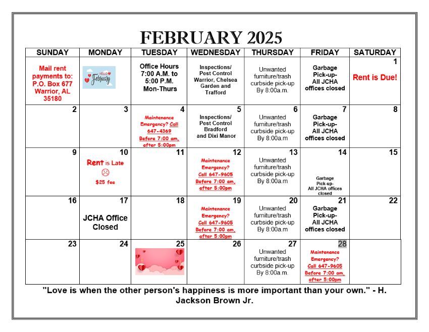 Warrior February Calendar, all information as listed below.