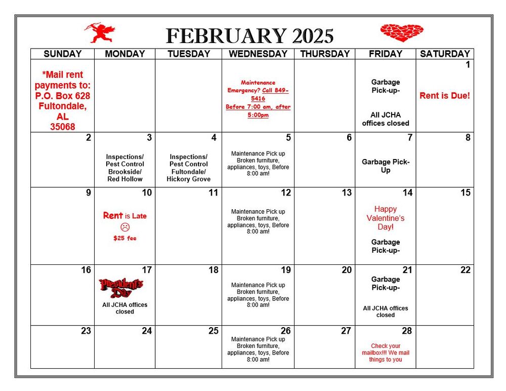 Fultondale February 2025 Calendar, all information as listed below.