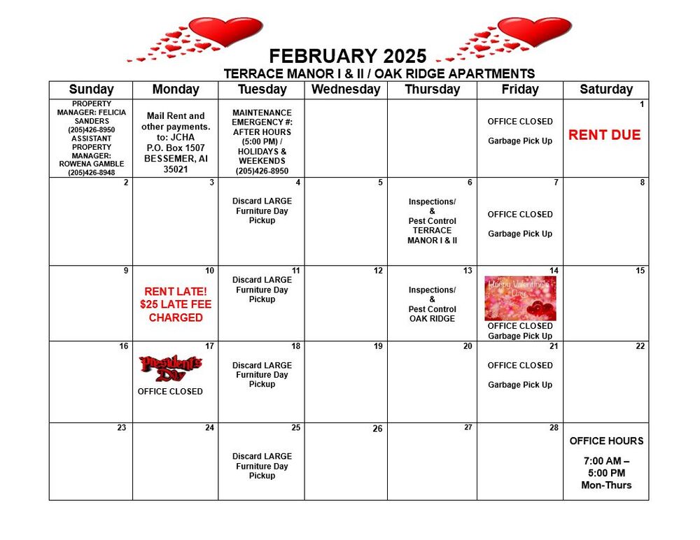 Bessemer February 2025 Calendar, all information as listed below.