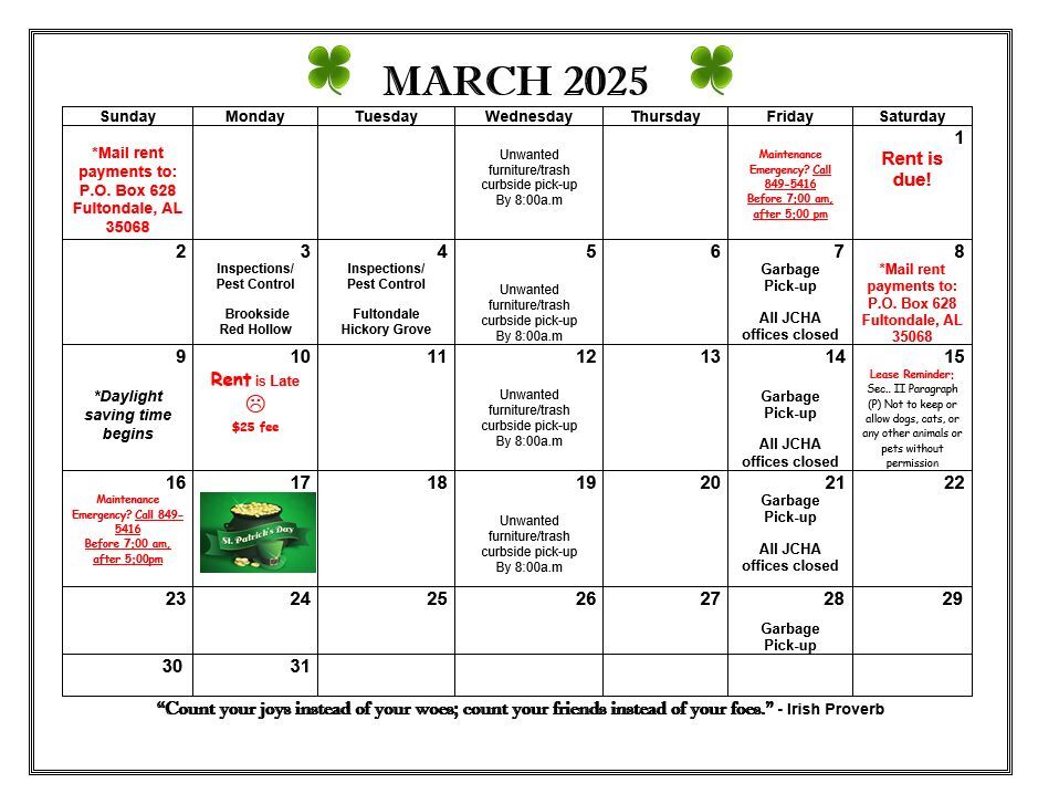 March 2025 Fultondale Calendar, all information as listed below.