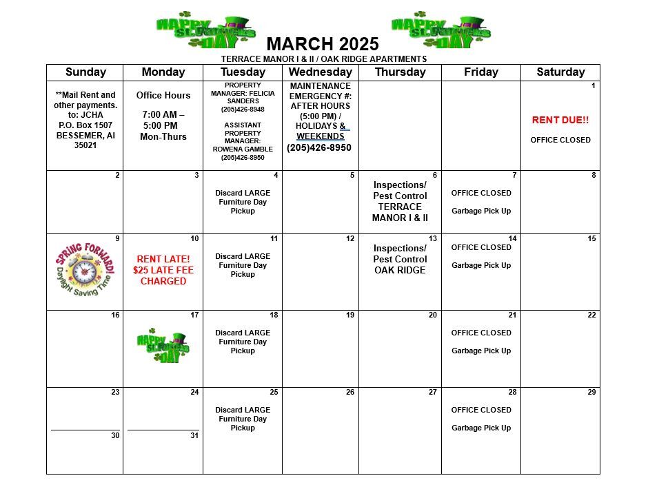 March 2025 Bessemer Calendar, all information as listed below.