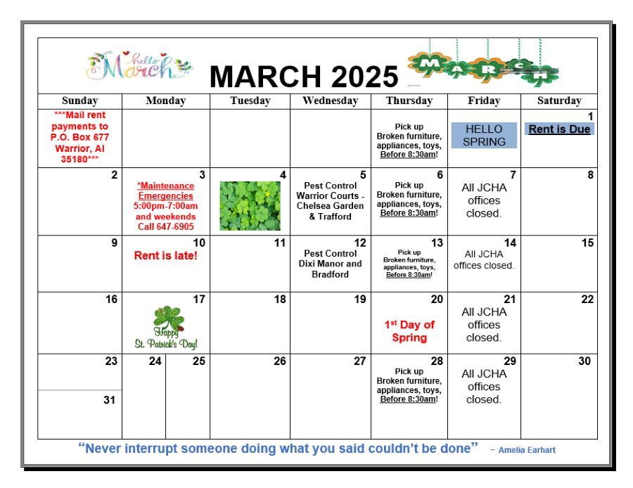 March 2025 Warrior Calendar, all information as listed below.