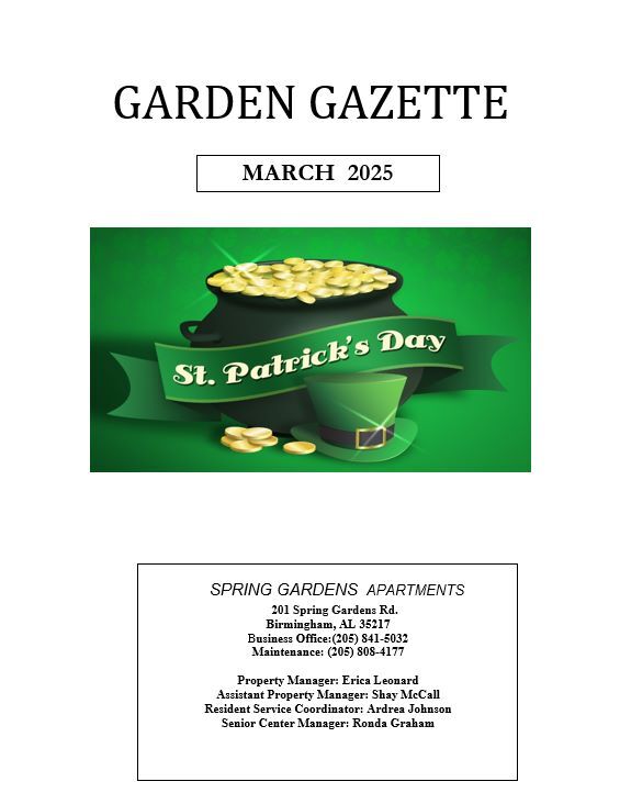 March 2025 Garden Gazette Newsletter, all information as listed below.