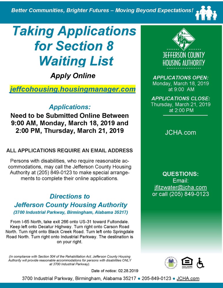 Taking Applications for Section 8 Waiting List (03/08/2019) - News -  Affordable Housing, Jefferson County Housing Authority