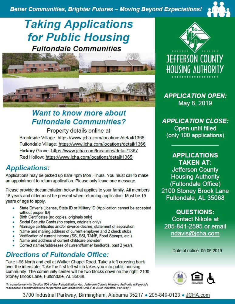 Fultondale Housing 5-8-19 taking applications announcement